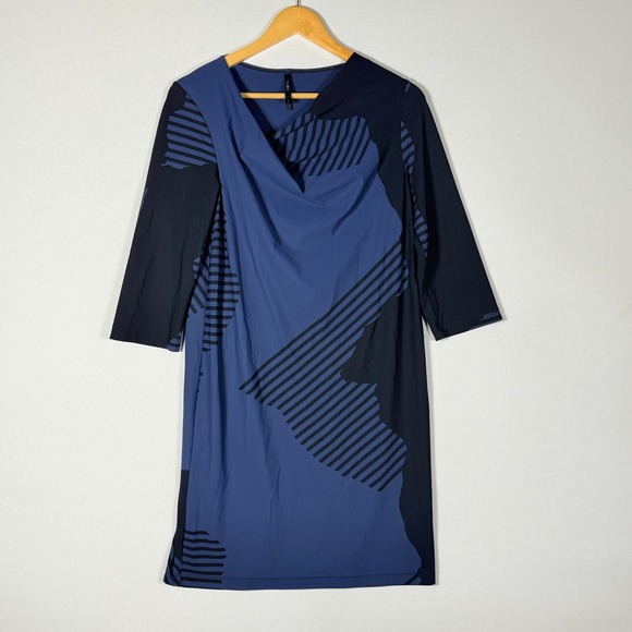 Porto Womens 1 Small 6 Blue Black Abstract Print Cowl Neck 3/4 Sleeve Dress - Picture 1 of 9